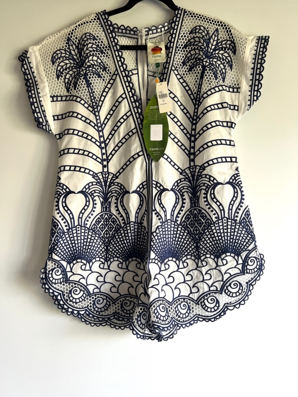 FARM Rio Blue Richelieu Plunging Neck Romper Size XS NWT Embroidered Lace - Picture 6 of 15